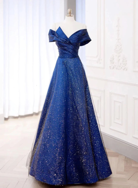 Beaira Blue Satin and Tulle Off Shoulder Long Prom Dress Blue Evening Dress