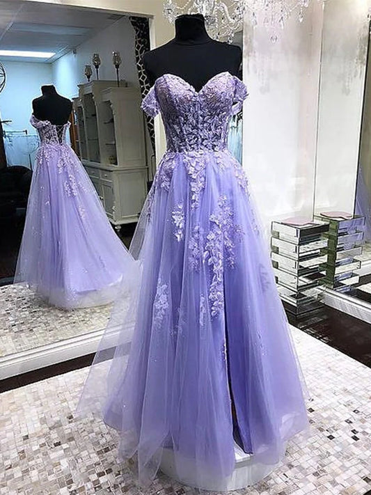 Beaira Glam Off Shoulder Lavender Lace Long Prom Dresses Lilac Lace Formal Dresses Party Dres