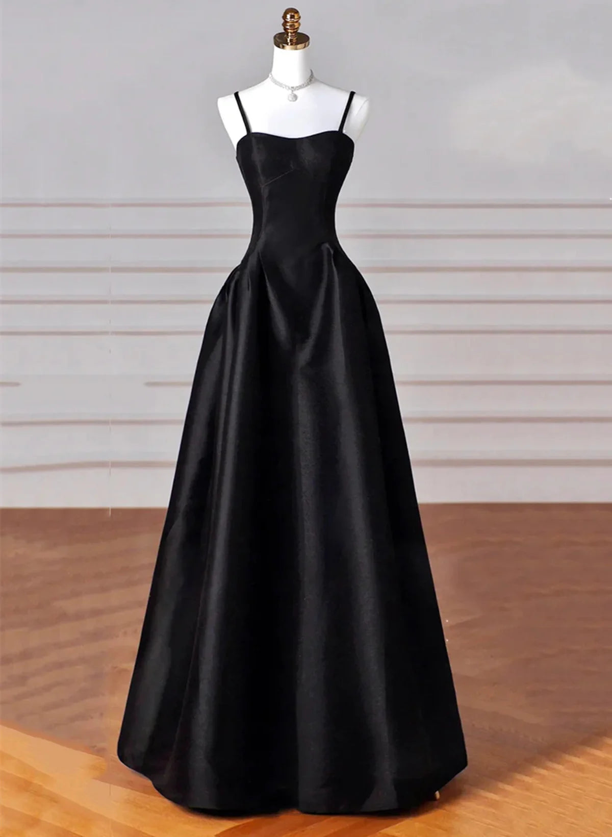 Beaira Black Satin Straps A-line Long Evening Dress Prom Dress Black Party Dress