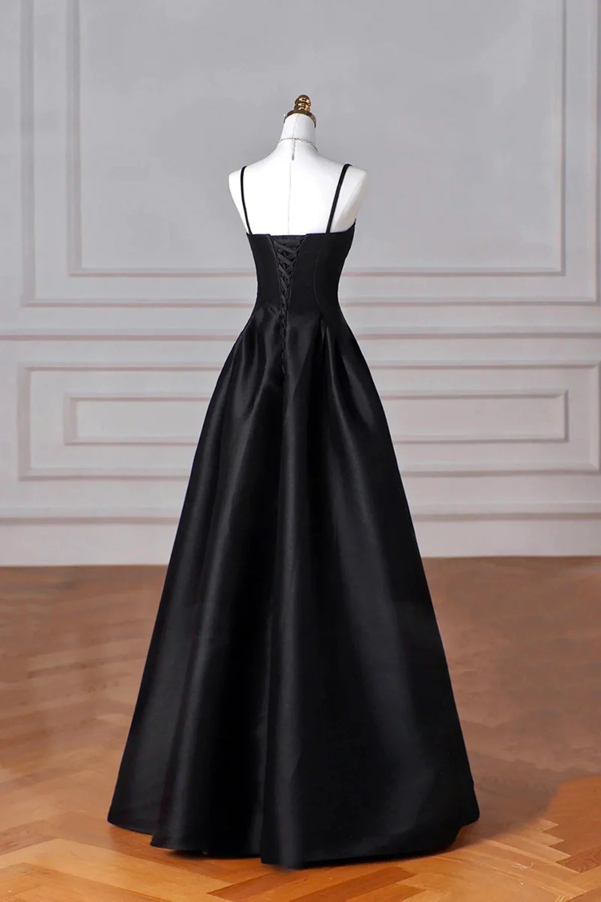 Beaira Black Satin Straps A-line Long Evening Dress Prom Dress Black Party Dress