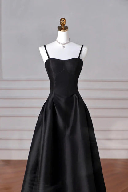 Beaira Black Satin Straps A-line Long Evening Dress Prom Dress Black Party Dress