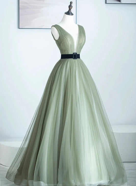 Beaira Lovlye A-Line Light Green V-Neckline Tulle Long Prom Dress Light Green Party Dress