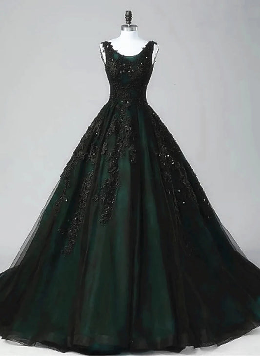 Beaira Charming Black and Green Tulle With Lace Long Party Dress A-Line Low Back Evening Dress