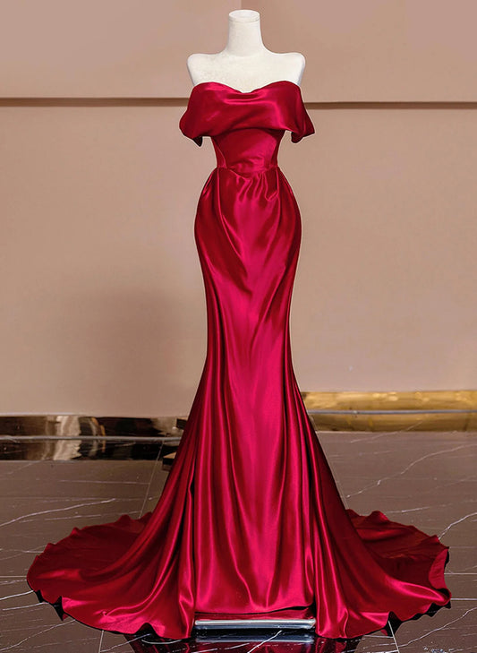 Beaira Glam Wine Red Satin Off Shoulder Evening Dress Wine Red Long Party Dress