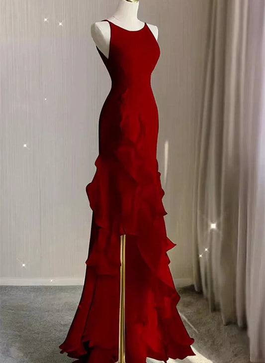 Beaira Wine Red Long Round Neckline Low Back Wine Red Evening Dress Prom Dress