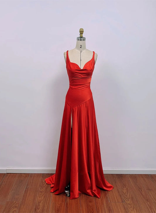 Beaira Red Satin Simple Long Formal Dress Red Satin Prom Dress