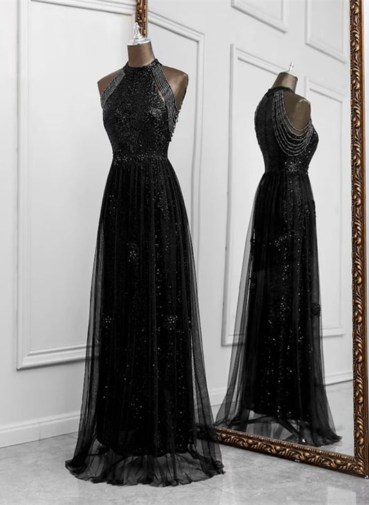 Beaira Black Halter Sequins and Tulle Long Party Dress Black Prom Dress