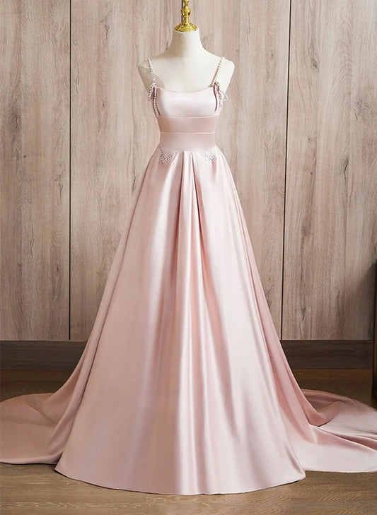 Beaira A-line Satin Long A-Line Pink Prom Dress Spaghetti Straps Evening Dress