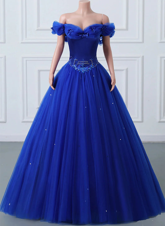 Beaira Royal Blue Off-The-Shoulder Sweetheart Beaded Flowers Ball Gown Tulle Prom Dresses