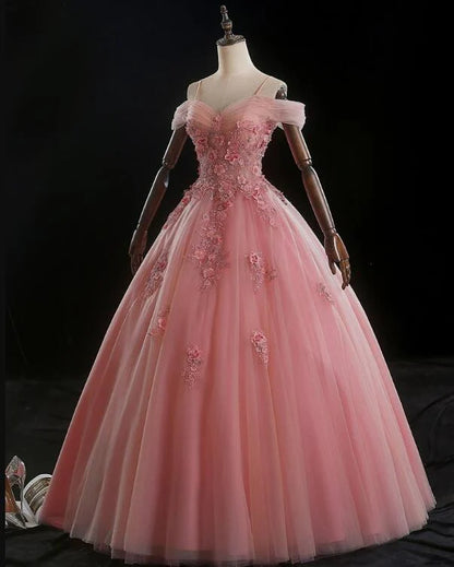 Beaira Lovely Pink Floral Tulle Off Shoulder Flowers Princess Gown Pink Sweet 16 Formal Dresses