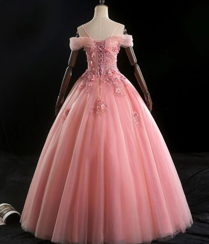 Beaira Lovely Pink Floral Tulle Off Shoulder Flowers Princess Gown Pink Sweet 16 Formal Dresses