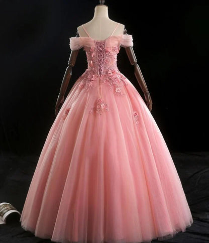 Beaira Lovely Pink Floral Tulle Off Shoulder Flowers Princess Gown Pink Sweet 16 Formal Dresses