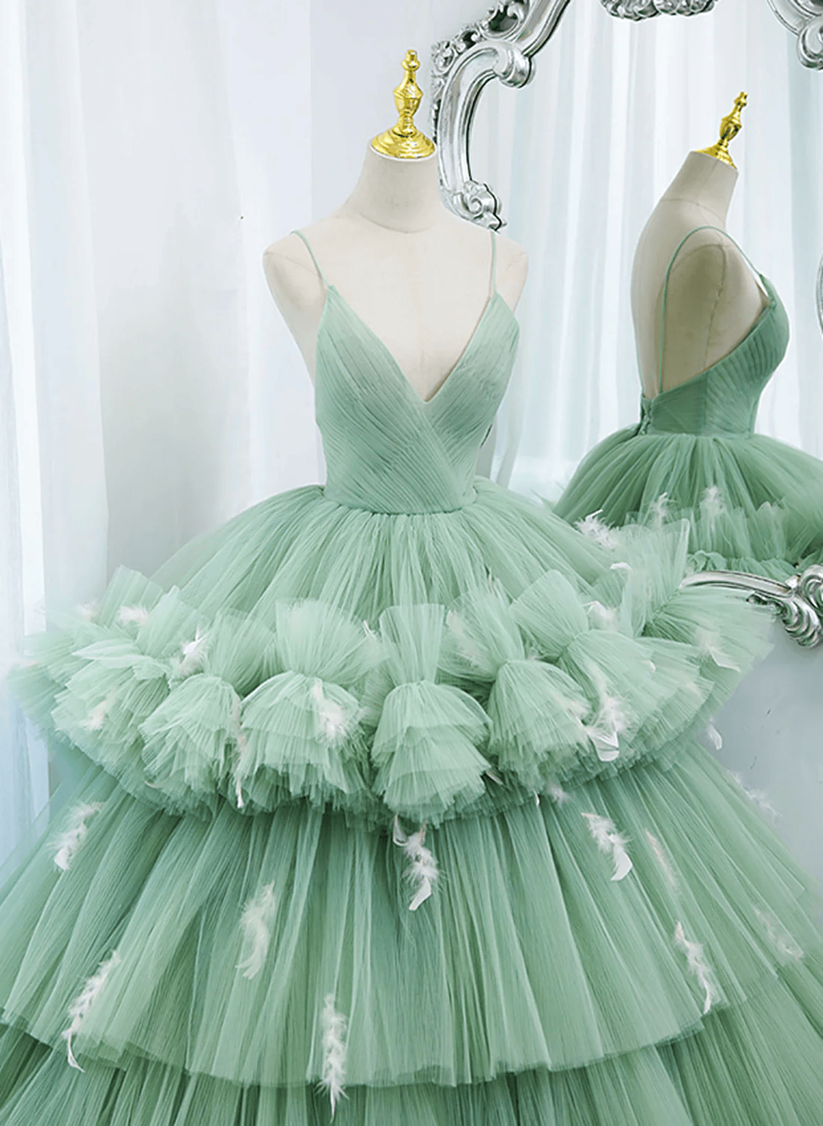 Beaira Light Green Tulle Layers Low Back Prom Dress Light Green Sweet 16 Dress