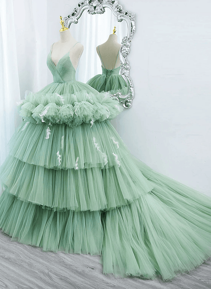 Beaira Light Green Tulle Layers Low Back Prom Dress Light Green Sweet 16 Dress