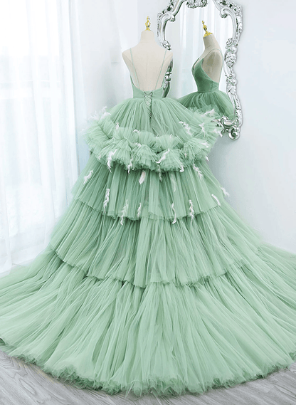 Beaira Light Green Tulle Layers Low Back Prom Dress Light Green Sweet 16 Dress