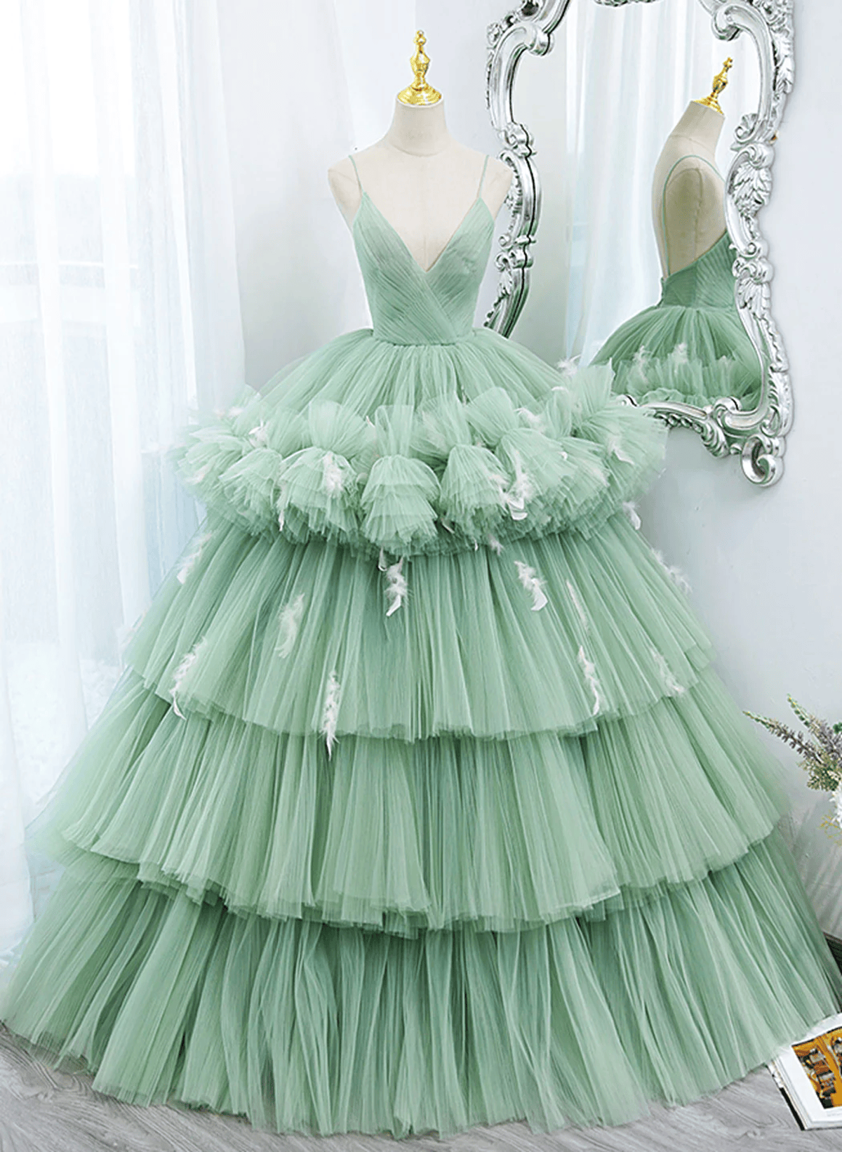 Beaira Light Green Tulle Layers Low Back Prom Dress Light Green Sweet 16 Dress