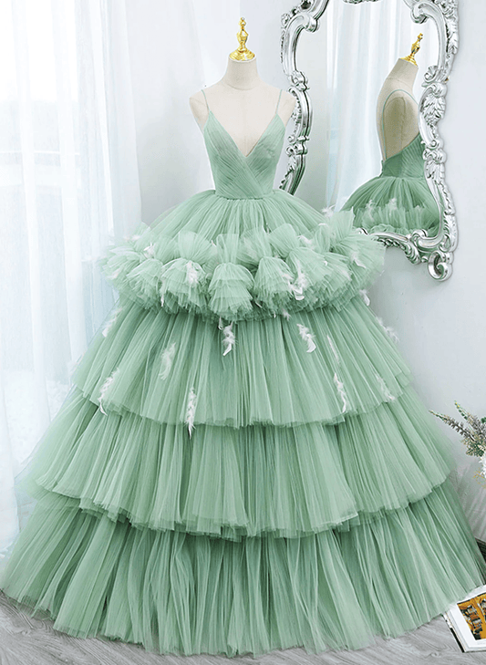 Beaira Light Green Tulle Layers Low Back Prom Dress Light Green Sweet 16 Dress