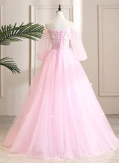 Beaira Cute Pink Ball Gown Sweet 16 Dress with Flowers Pink Tulle Long Formal Dress