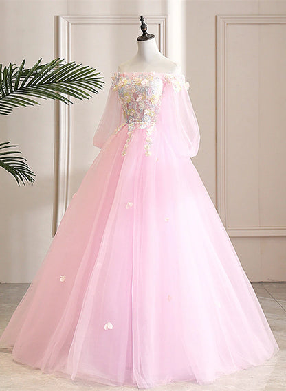 Beaira Cute Pink Ball Gown Sweet 16 Dress with Flowers Pink Tulle Long Formal Dress