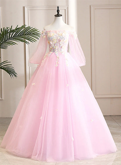 Beaira Cute Pink Ball Gown Sweet 16 Dress with Flowers Pink Tulle Long Formal Dress