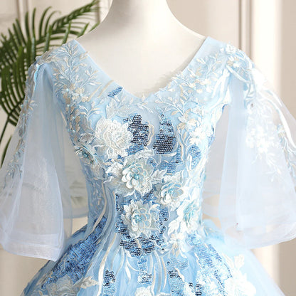 Beaira Light Blue Ball Gown V-neckline Puffy Sleeves Party Dress Light Blue Prom Dress