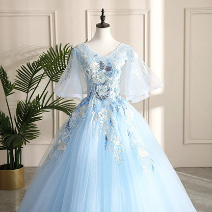 Beaira Light Blue Ball Gown V-neckline Puffy Sleeves Party Dress Light Blue Prom Dress