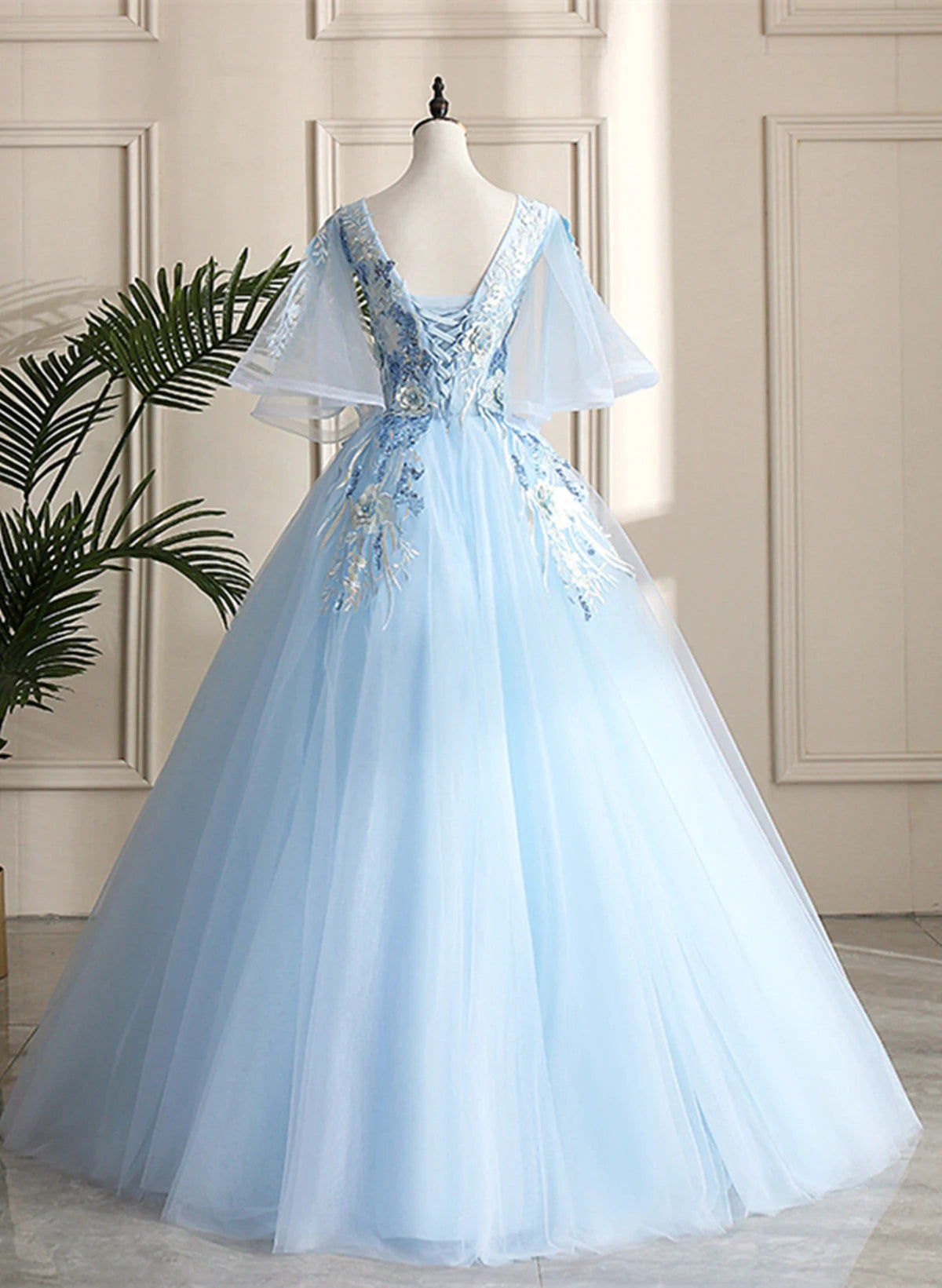 Beaira Light Blue Ball Gown V-neckline Puffy Sleeves Party Dress Light Blue Prom Dress