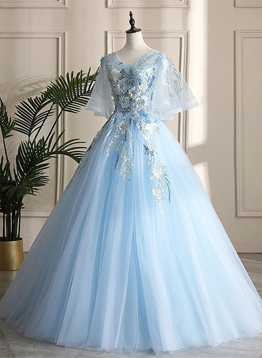 Beaira Light Blue Ball Gown V-neckline Puffy Sleeves Party Dress Light Blue Prom Dress