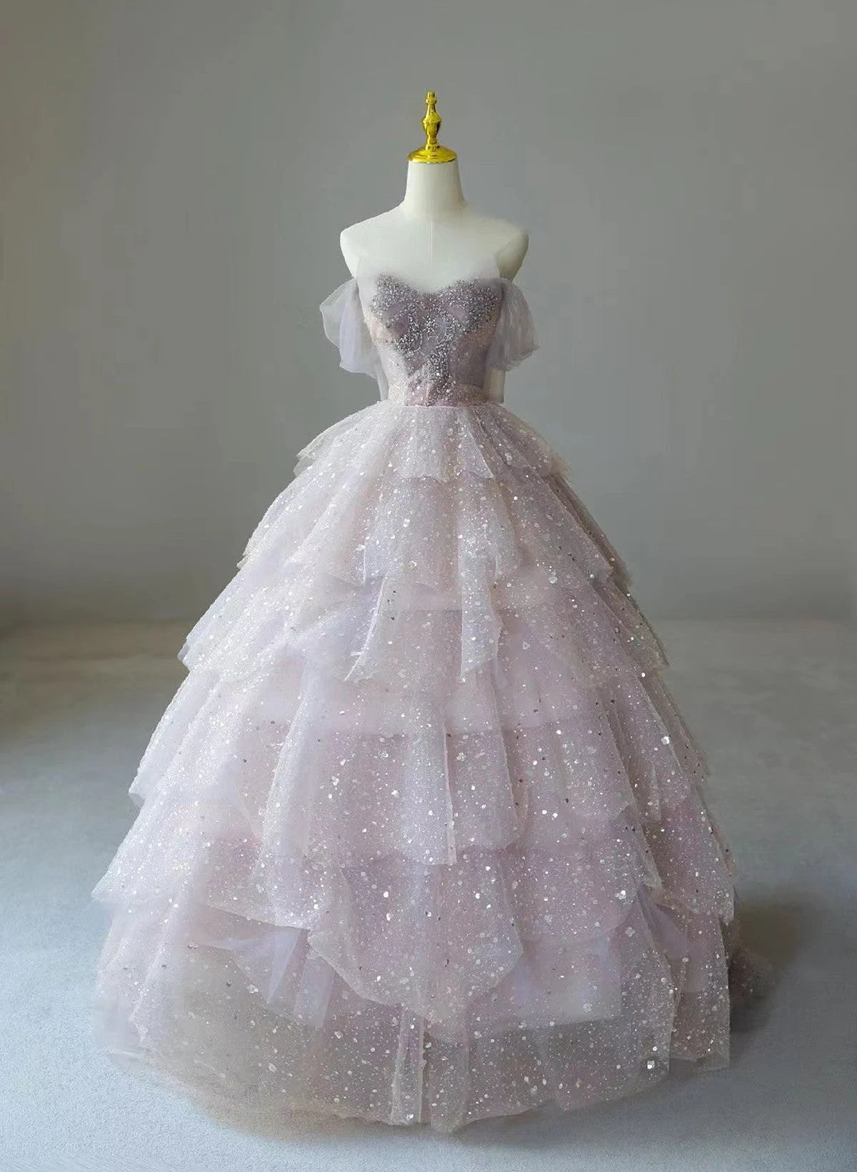 Beaira Pink Tulle Ball Gown Layers Long Party Dress Pink Shiny Tulle Sweet 16 Dress