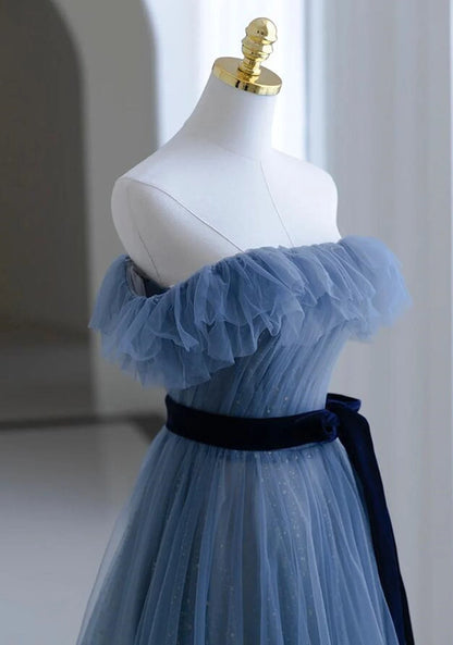 Beaira Blue Tulle A-line Off Shoulder Long Party Dress Blue Scoop Prom Dress Evening Dress