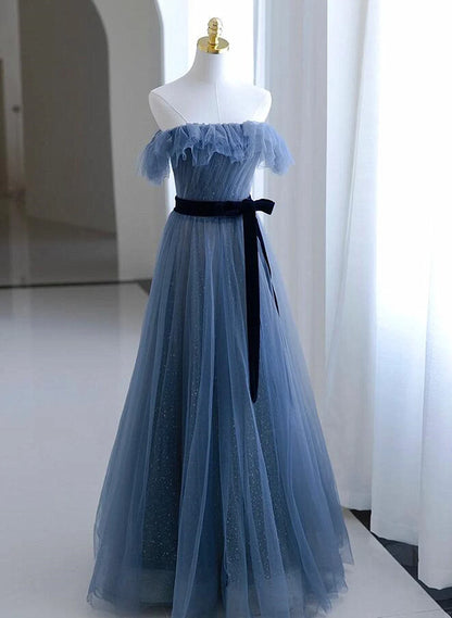 Beaira Blue Tulle A-line Off Shoulder Long Party Dress Blue Scoop Prom Dress Evening Dress