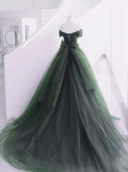 Beaira Green Off Shoulder Tulle Sweetheart Long Party Dress Green Tulle Evening Dress Prom Dress