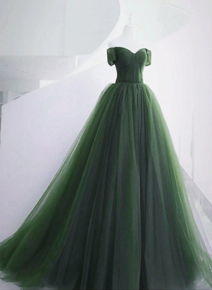 Beaira Green Off Shoulder Tulle Sweetheart Long Party Dress Green Tulle Evening Dress Prom Dress