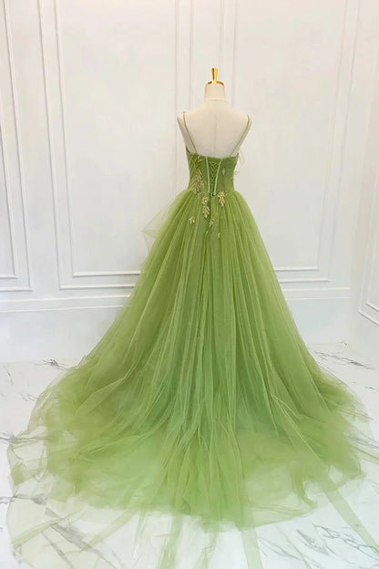 Beaira Green Tulle Straps Long Party Dress Green Tulle Lace Prom Dress