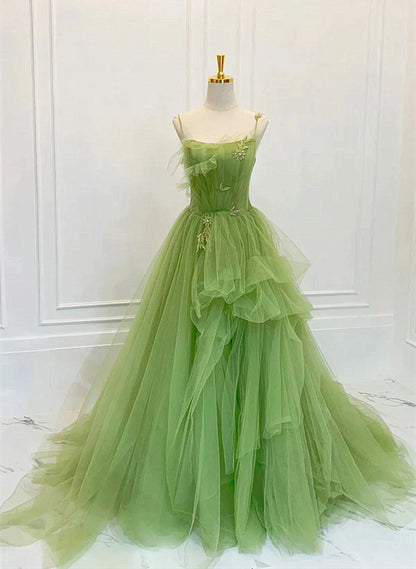 Beaira Green Tulle Straps Long Party Dress Green Tulle Lace Prom Dress