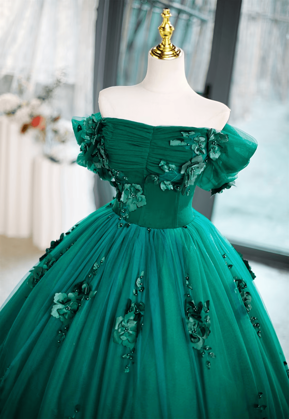 Beaira Beautiful Green Off Shoulder Party Dress with Flowers Green Sweet 16 Dress