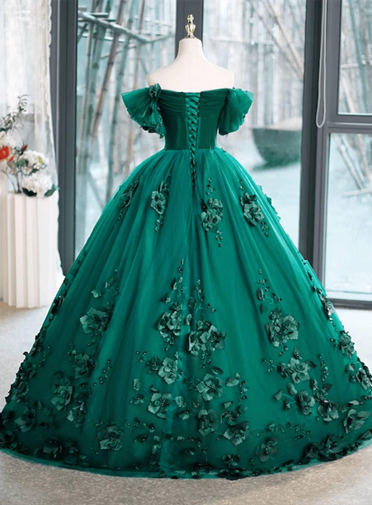 Beaira Beautiful Green Off Shoulder Party Dress with Flowers Green Sweet 16 Dress