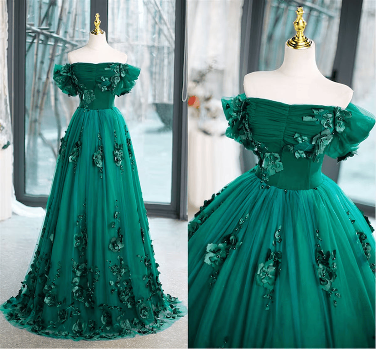 Beaira Beautiful Green Off Shoulder Party Dress with Flowers Green Sweet 16 Dress