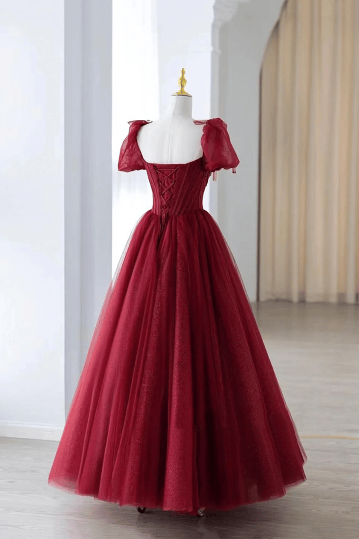 Beaira Wine Red Tulle Beaded Long Prom Dress A-Line Sweetheart Formal Evening Dress