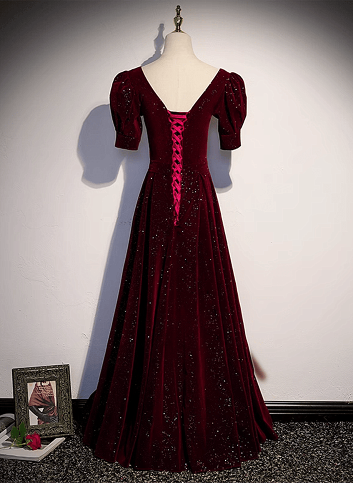 Beaira Wine Red Short Sleeves Velvet Long Formal Dress Wine Red Evening Dress Prom Dress