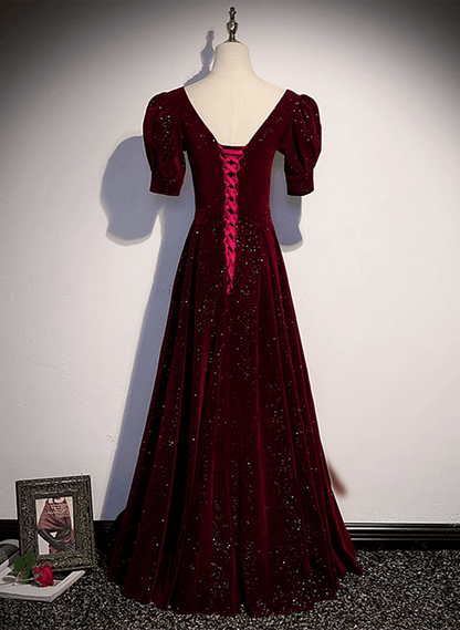 Beaira Wine Red Short Sleeves Velvet Long Formal Dress Wine Red Evening Dress Prom Dress