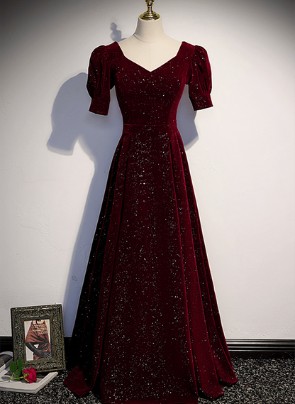 Beaira Wine Red Short Sleeves Velvet Long Formal Dress Wine Red Evening Dress Prom Dress