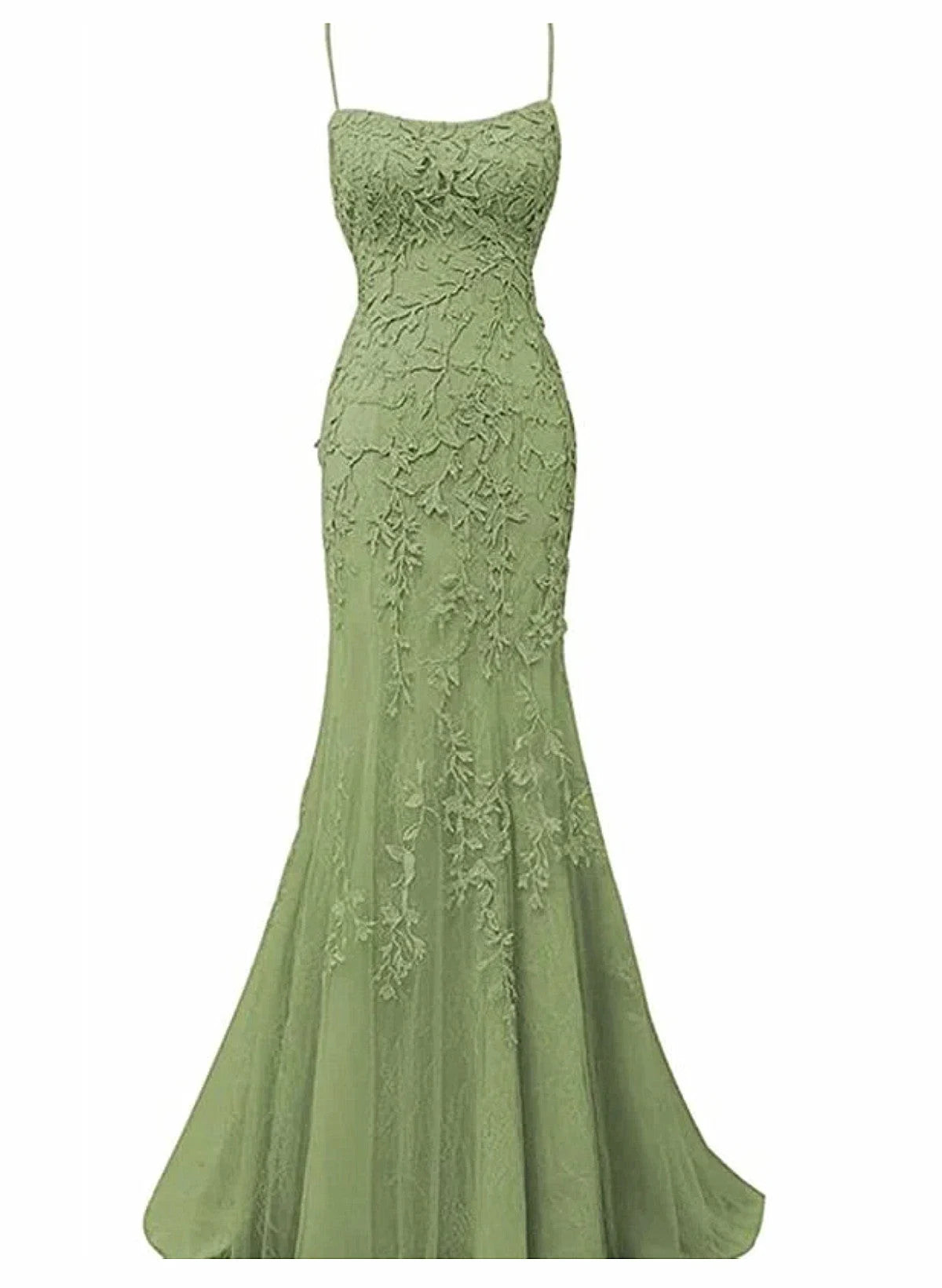 Beaira Sage Green Mermaid Long Prom Dress with Lace Spaghetti Straps Evening Dress