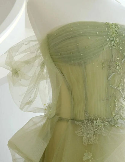 Beaira Light Green Tulle with Beaded A-line Prom Dress Light Green Evening Dress Party Dress