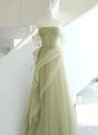 Beaira Light Green Tulle with Beaded A-line Prom Dress Light Green Evening Dress Party Dress