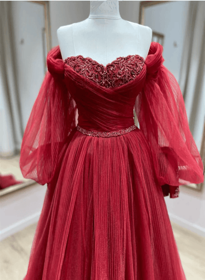 Beaira Wine Red Tulle with Puffy Sleeves Long Party Dress Wine Red Prom Dress