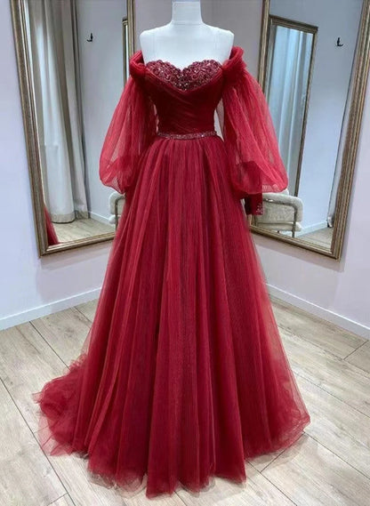 Beaira Wine Red Tulle with Puffy Sleeves Long Party Dress Wine Red Prom Dress