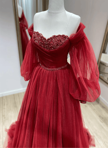 Beaira Wine Red Tulle with Puffy Sleeves Long Party Dress Wine Red Prom Dress