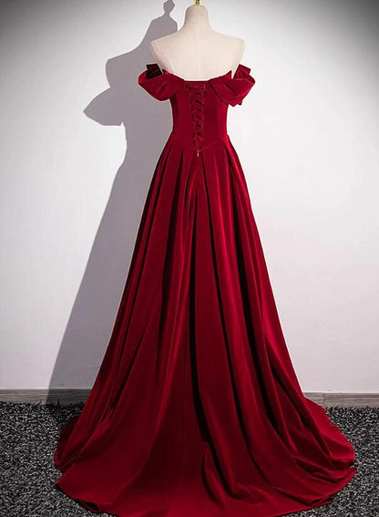 Beaira Wine Red Off Shoulder Beaded Long Velvet Party Dress Wine Red Prom Dress