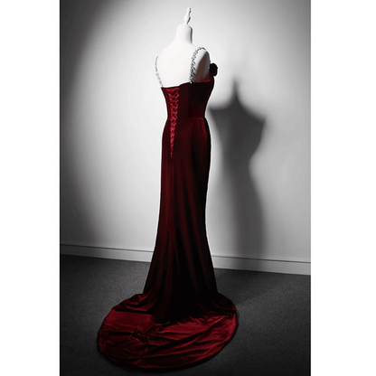 Beaira Wine Red Mermaid Straps Beaded Long Formal Dress Wine Red Evening Dress Prom Dress